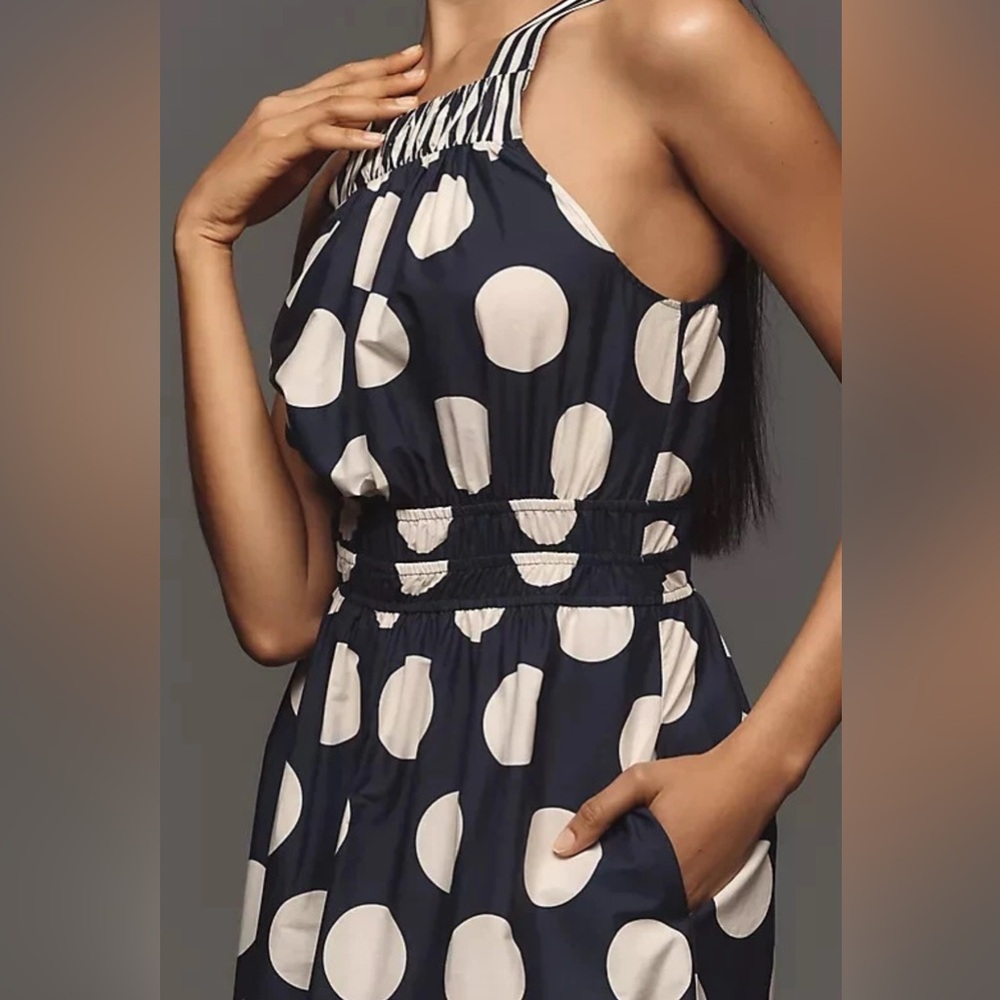 Anthropologie The Somerset Maxi Dress Poplin Tiered Cotton Navy Dot - Picture 2 of 11